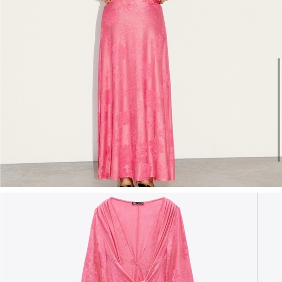 NWT ZARA Bright Pink Floral Jacquard Jersey Long Wrap Dress M - Picture 3 of 5